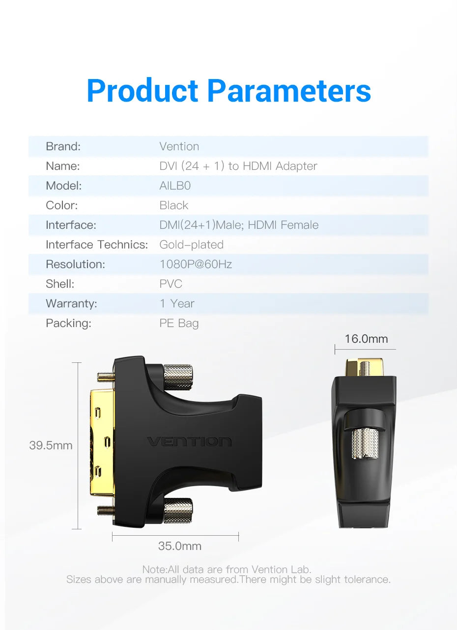 Vention DVI to HDMI Adapter Bi-directional DVI-D 24+1 Male to HDMI Female Cable Converter Connector for TV Projector HDMI to DVI