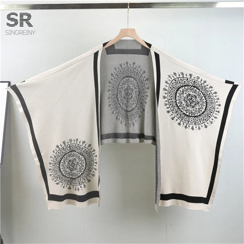 SINGREINY Winter Casual 3pc Suits Vintage Print Shawl+Loose Pullover+Wide Legs Long Pants Thick Warm Women Knit Streetwear Sets