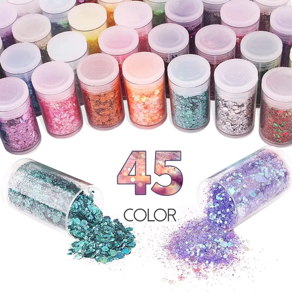 45 Colors Holographic Chunky and Fine Glitter Mix,  Festival Sequins & Powder, Iridescent Flakes,Nail Art Resin Loose Glitter