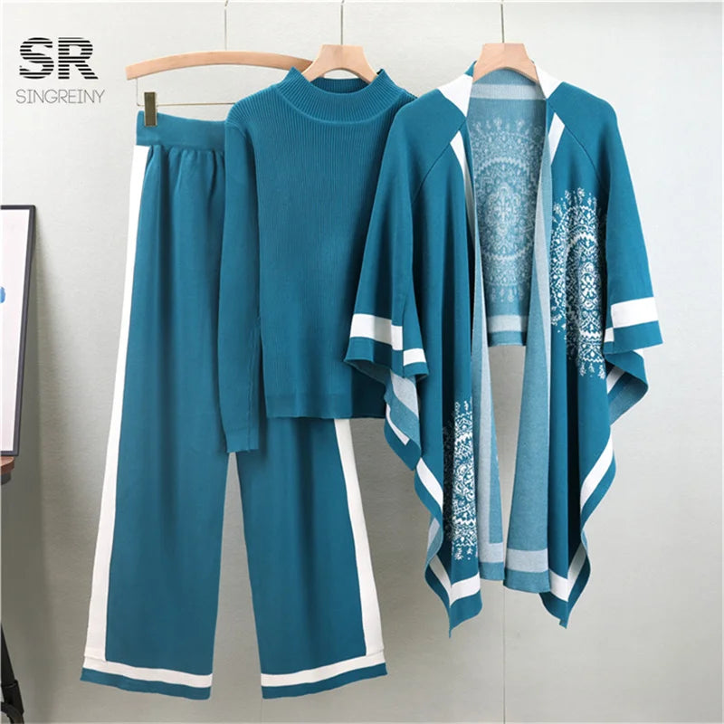 SINGREINY Winter Casual 3pc Suits Vintage Print Shawl+Loose Pullover+Wide Legs Long Pants Thick Warm Women Knit Streetwear Sets
