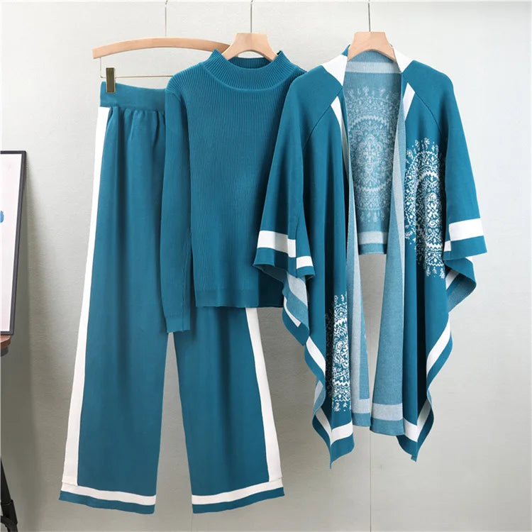 SINGREINY Winter Casual 3pc Suits Vintage Print Shawl+Loose Pullover+Wide Legs Long Pants Thick Warm Women Knit Streetwear Sets