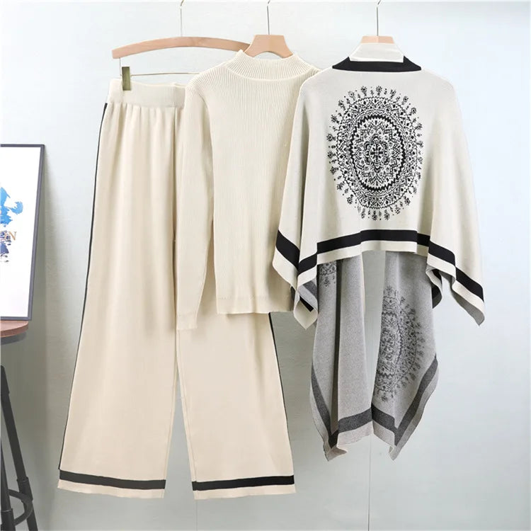 SINGREINY Winter Casual 3pc Suits Vintage Print Shawl+Loose Pullover+Wide Legs Long Pants Thick Warm Women Knit Streetwear Sets