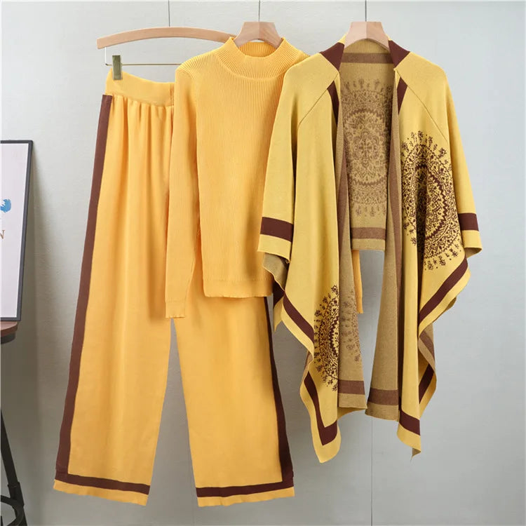 SINGREINY Winter Casual 3pc Suits Vintage Print Shawl+Loose Pullover+Wide Legs Long Pants Thick Warm Women Knit Streetwear Sets