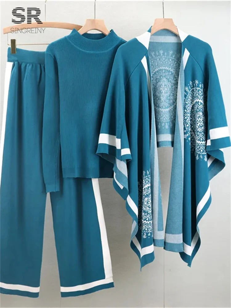 SINGREINY Winter Casual 3pc Suits Vintage Print Shawl+Loose Pullover+Wide Legs Long Pants Thick Warm Women Knit Streetwear Sets