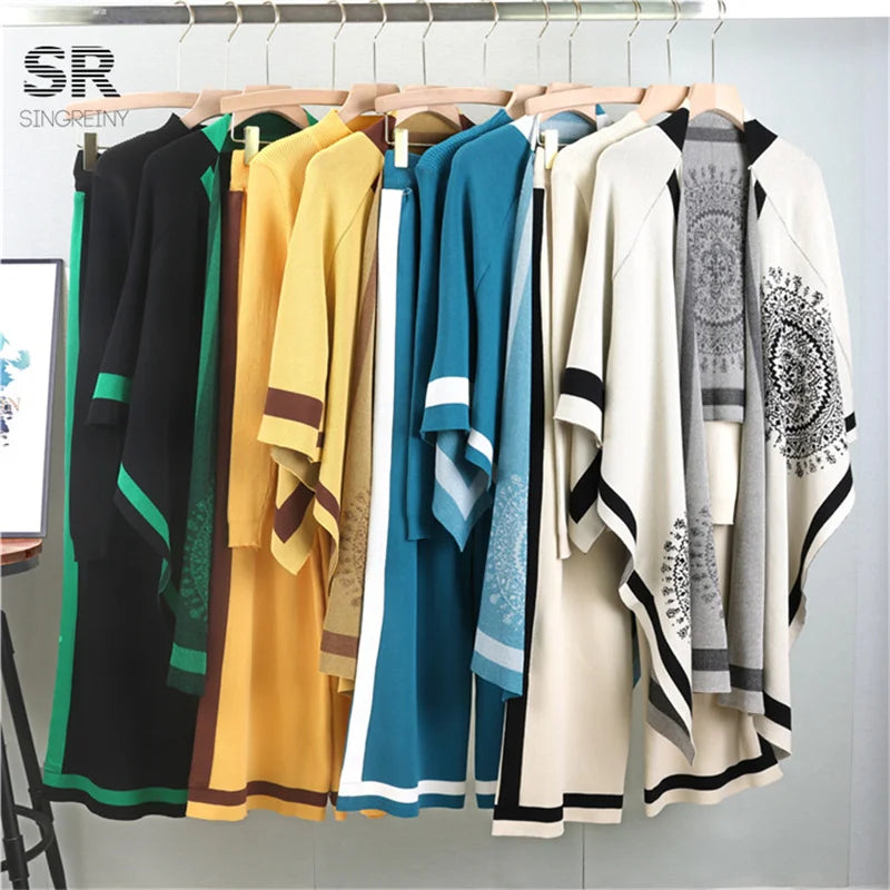 SINGREINY Winter Casual 3pc Suits Vintage Print Shawl+Loose Pullover+Wide Legs Long Pants Thick Warm Women Knit Streetwear Sets