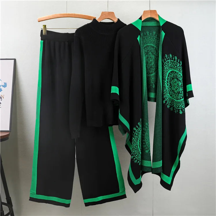 SINGREINY Winter Casual 3pc Suits Vintage Print Shawl+Loose Pullover+Wide Legs Long Pants Thick Warm Women Knit Streetwear Sets