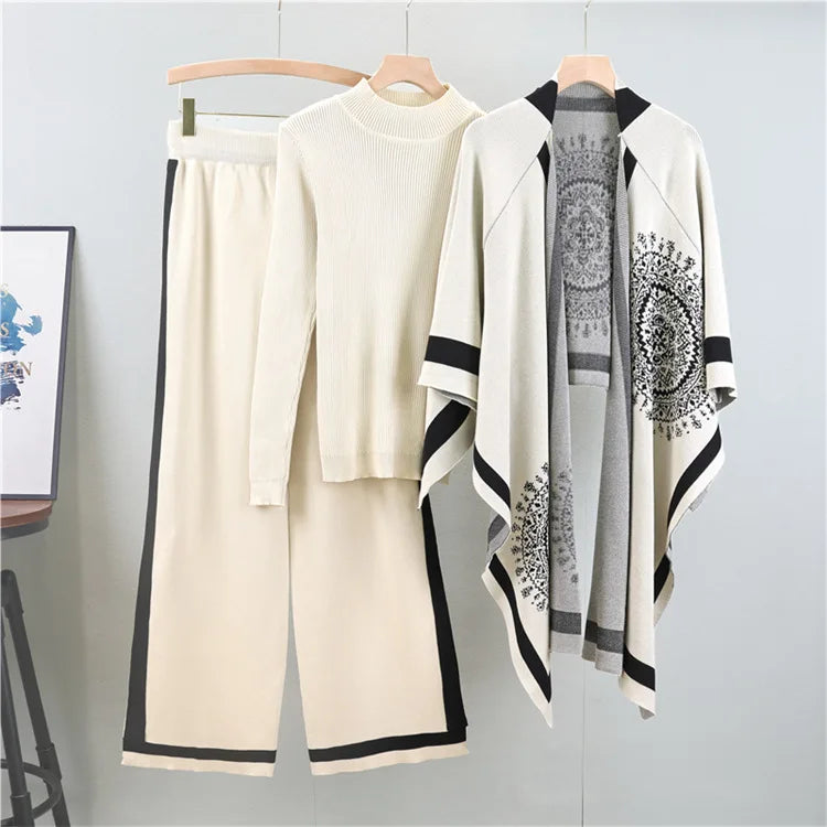 SINGREINY Winter Casual 3pc Suits Vintage Print Shawl+Loose Pullover+Wide Legs Long Pants Thick Warm Women Knit Streetwear Sets