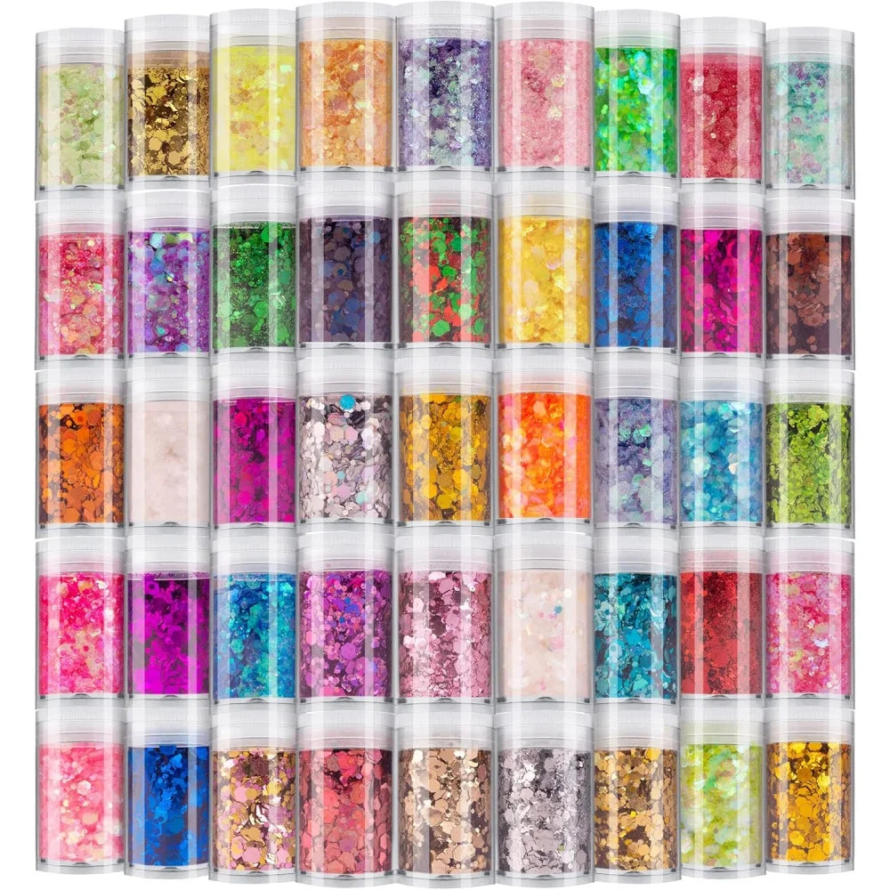 45 Colors Holographic Chunky and Fine Glitter Mix,  Festival Sequins & Powder, Iridescent Flakes,Nail Art Resin Loose Glitter