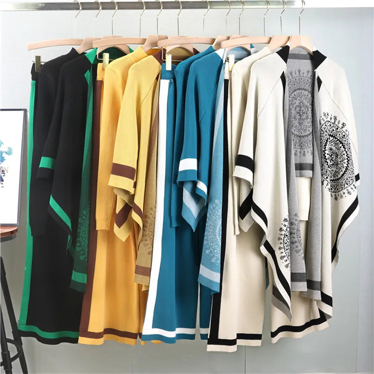 SINGREINY Winter Casual 3pc Suits Vintage Print Shawl+Loose Pullover+Wide Legs Long Pants Thick Warm Women Knit Streetwear Sets